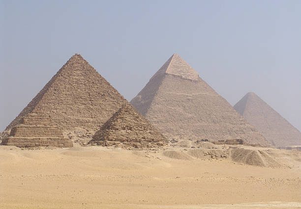 An unusual view of the pyramids of Giza in Egypt.